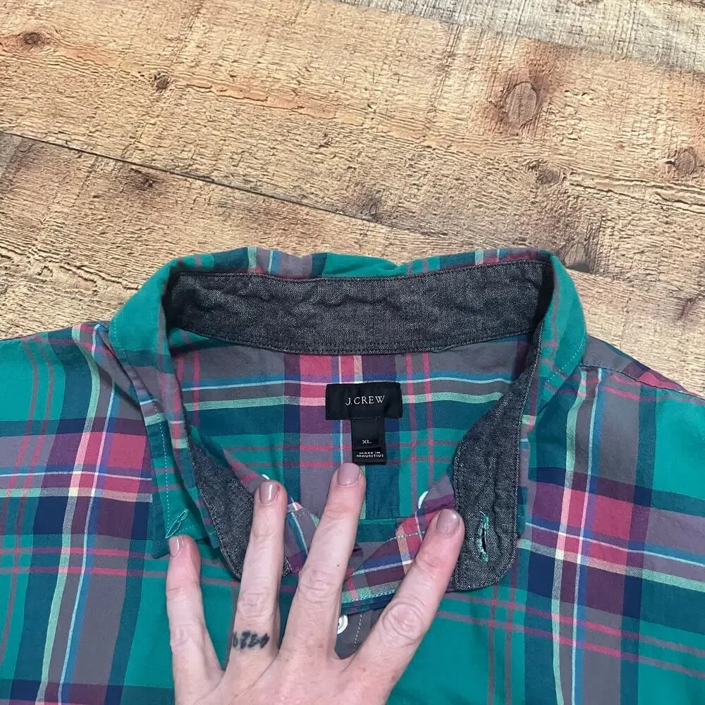 J. Crew Mens 100% Cotton Green Pink Plaid Button Down Shirt Sz XL Preppy Classic